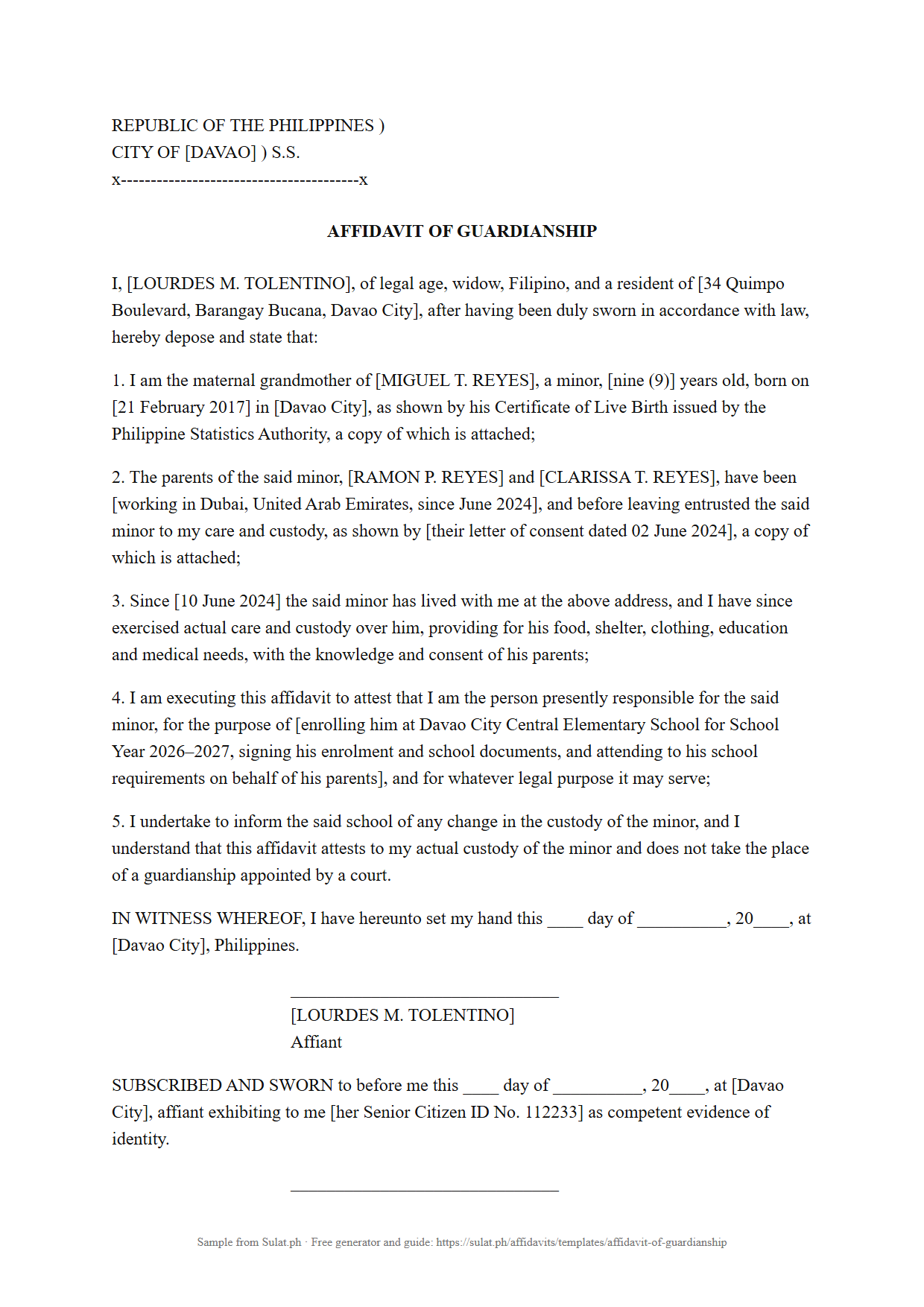 Affidavit of Guardianship sample (Philippines), filled in with example details