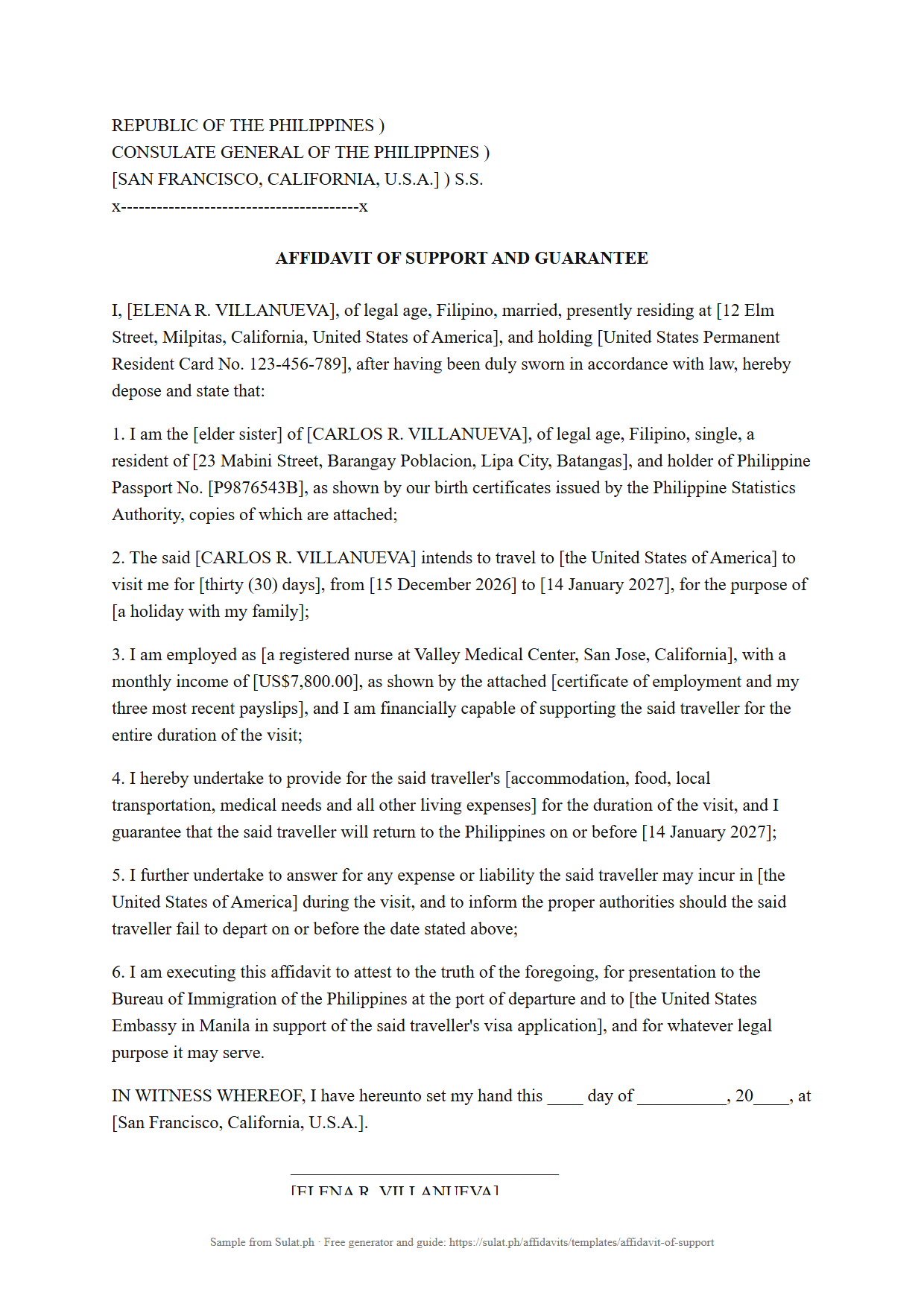 Affidavit of Support sample (Philippines), filled in with example details